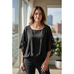 XOXO Women’s Black Batwing/Dolman Blouse Lace Trim Sleeves Flowy Top-Size Large